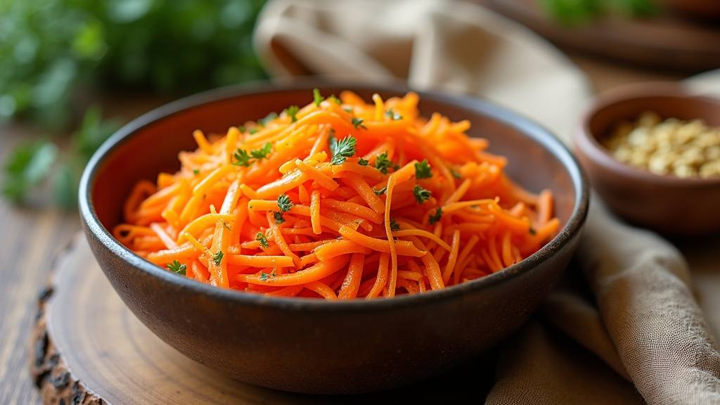 Bol de carottes râpées assaisonnées avec vinaigrette et herbes fraîches