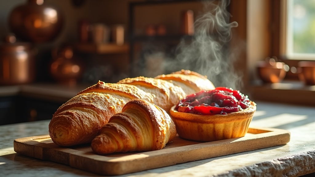 Intérieur de la boulangerie avec présentation de pâtisseries artisanales colorées