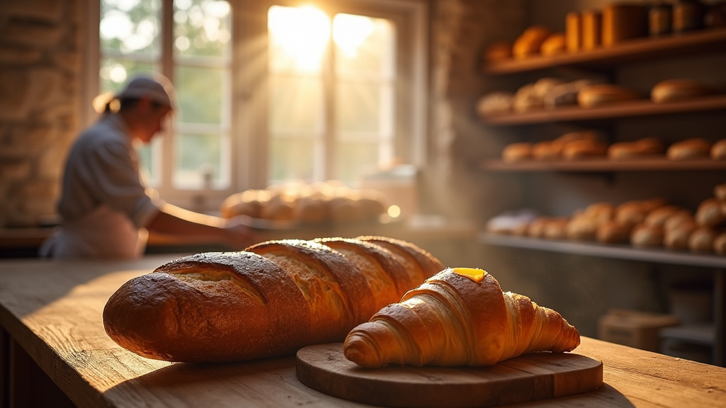 Vitrine de la boulangerie Aux Délices de la Reine avec pains artisanaux et viennoiseries dorées
