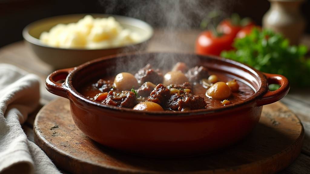 Boeuf bourguignon qui mijote dans une cocotte en fonte noire avec couvercle entrouve, vapeur qui s'echappe