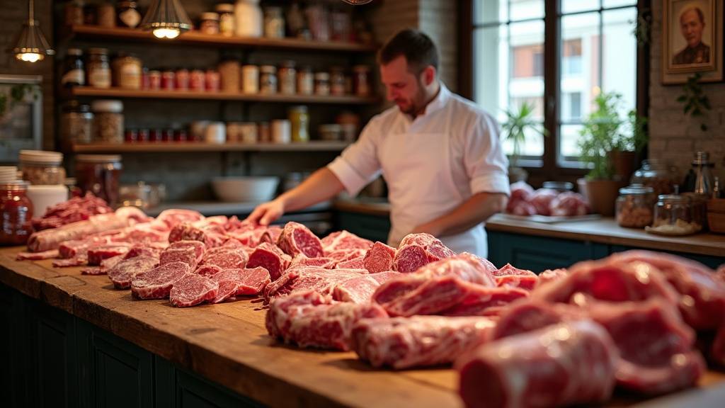 Boucher préparant une pièce de viande dans un étal moderne