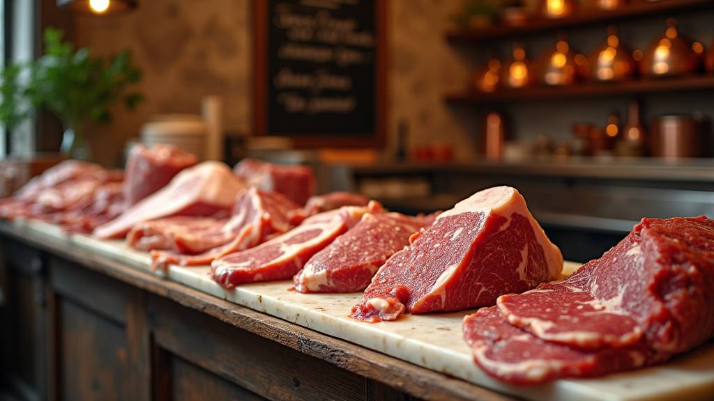 Assortiment de viandes, charcuteries et plats traiteur présentés sur un étal de boucher
