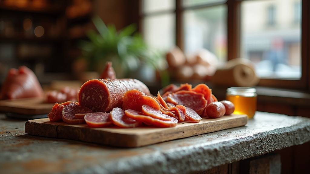 Plateau de charcuterie artisanale avec saucissons, terrines et pâté en croûte