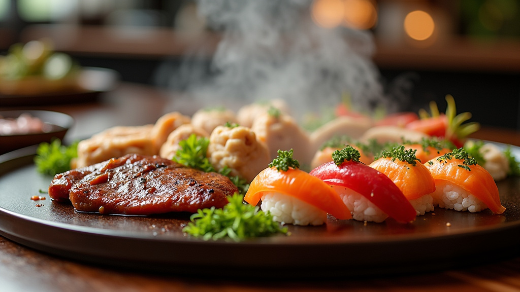 Présentation élégante de plats asiatiques variés sur un buffet de traiteur professionnel