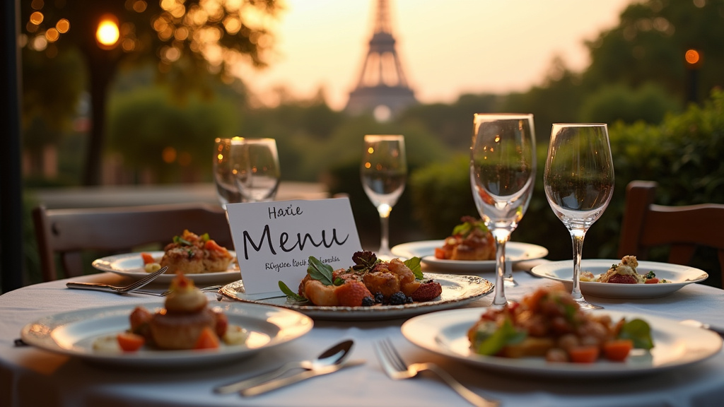 Service traiteur élégant lors d'un événement parisien avec des plats raffinés et une décoration soignée