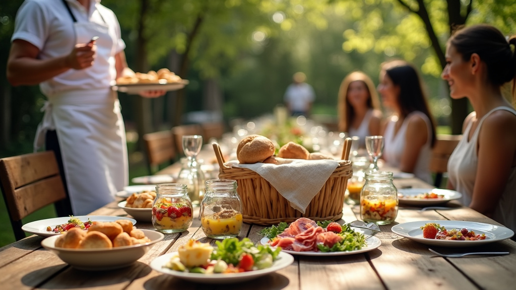 Intérieur d'un établissement restaurant-traiteur avec espace de restauration et zone de préparation traiteur
