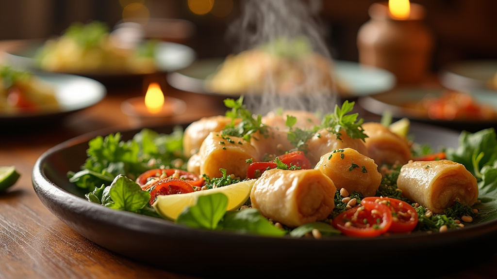 Présentation élégante de plats asiatiques préparés par Hoa Nam Traiteur pour un événement