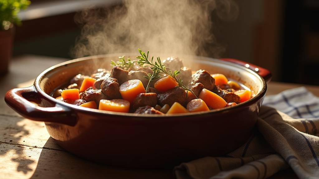 Tous les ingredients du boeuf bourguignon alignes : viande de boeuf, carottes, champignons, vin rouge, lardons et herbes aromatiques