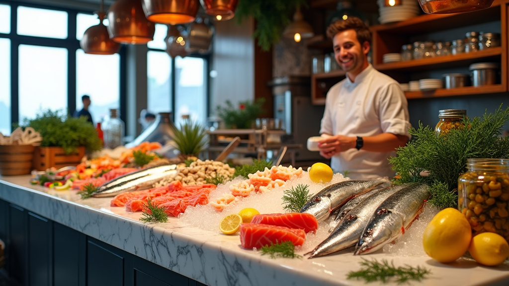 Vue extérieure de La Poissonnerie Gourmande à Boulogne-sur-Mer avec son enseigne colorée
