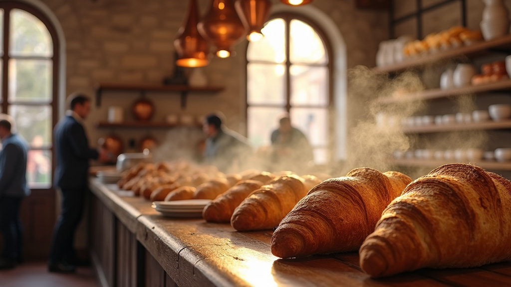 Intérieur de la Maison Pochat avec les rayons de pains artisanaux disposés méthodiquement et les clients attentifs au choix