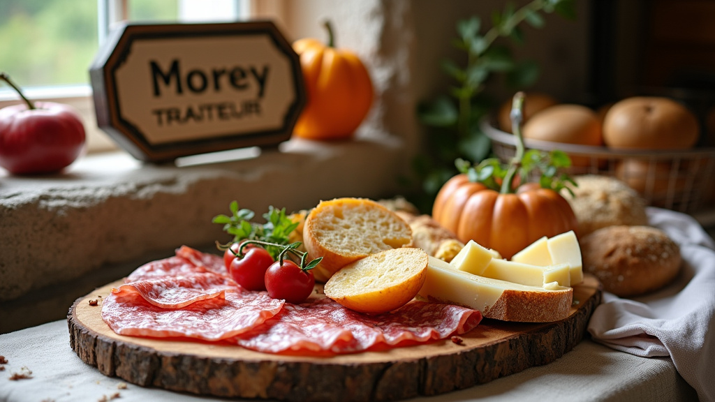 Vue de l'intérieur de l'atelier de découpe et charcuterie de Morey Traiteur, avec des viandes suspendues et des ustensiles traditionnels