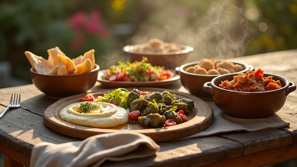 Présentation élaborée de mezze libanais par Noura Traiteur avec houmous, taboulé et spécialités locales