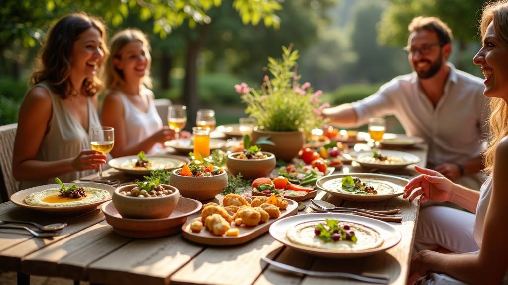 Présentation élégante d'un buffet de Rivka Traiteur avec plats méditerranéens et végétariens